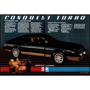 1984 Plymouth Conquest Turbo Hatchback 2 Page Vintage Print Ad 80s Wall Art